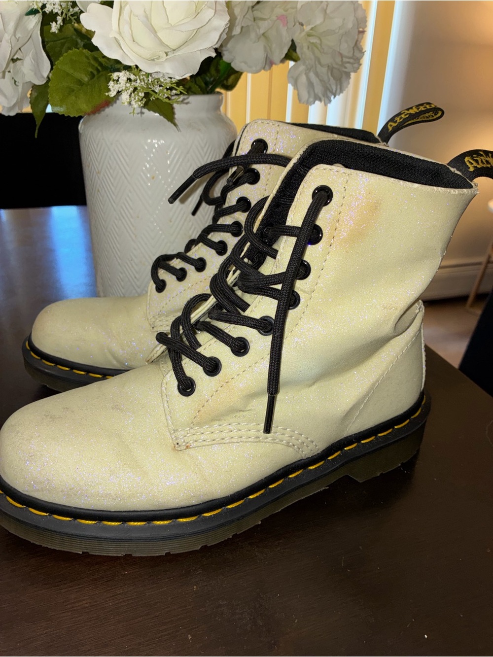 Dr. Martens Women's Cream Glitter 8-Eye Lace-Up Boots